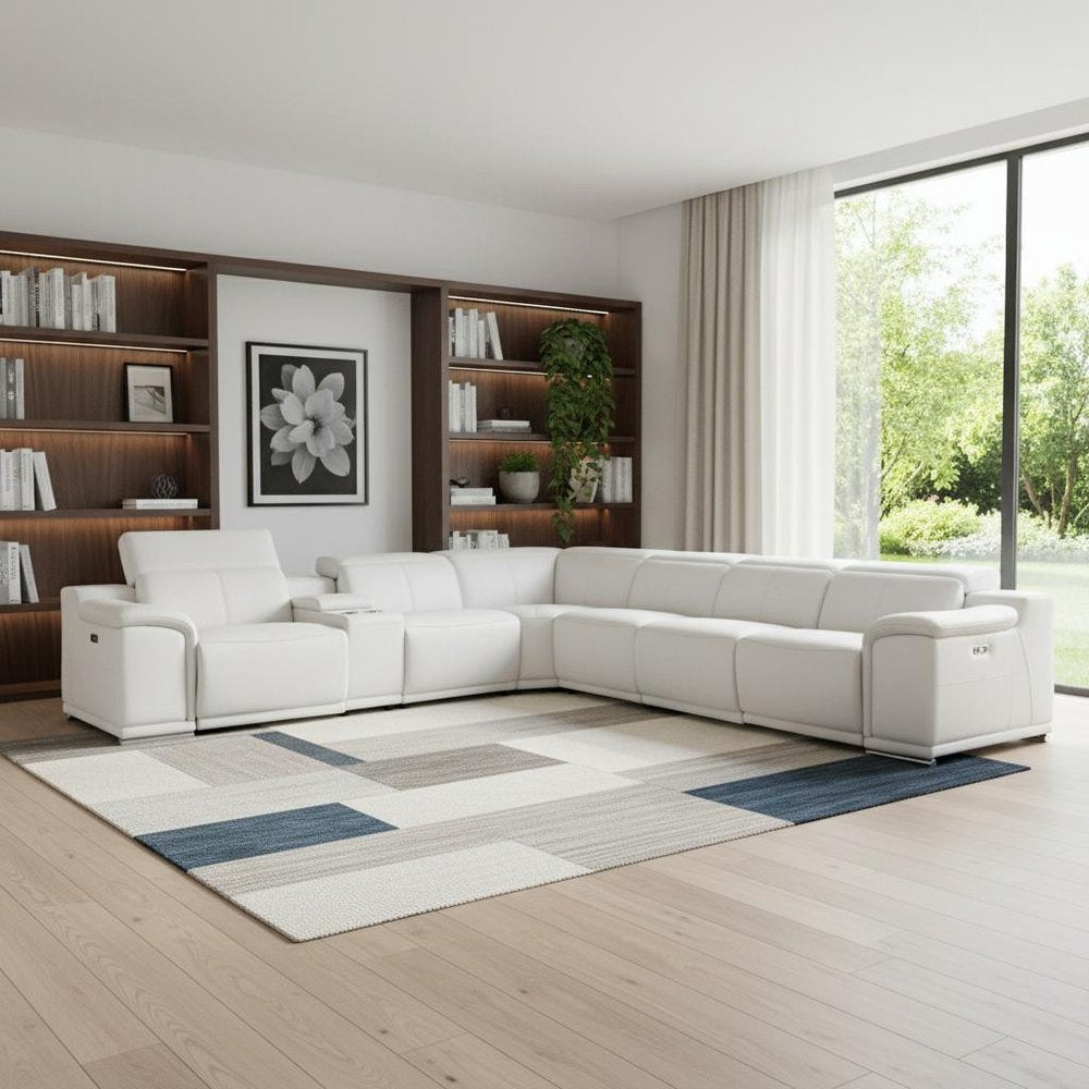 White Italian Leather Power Reclining U Shaped Seven Piece Corner Sectional With Console - 237.4" H x 254" W x 280" D in a home interior