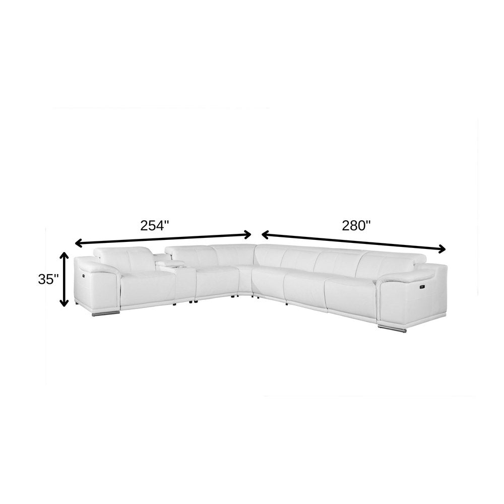 White Italian Leather Power Reclining U Shaped Seven Piece Corner Sectional With Console - 237.4" H x 254" W x 280" D on a white background