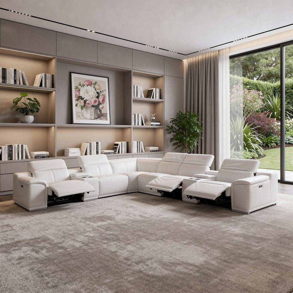 White Italian Leather Power Reclining U Shaped Eight Piece Corner Sectional With Console - 162.2" H x 154" W x 200" D