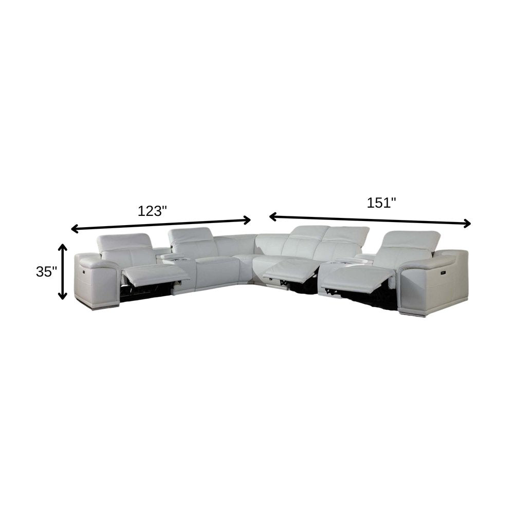 White Italian Leather Power Reclining U Shaped Eight Piece Corner Sectional With Console - 162.2" H x 154" W x 200" D on a white background