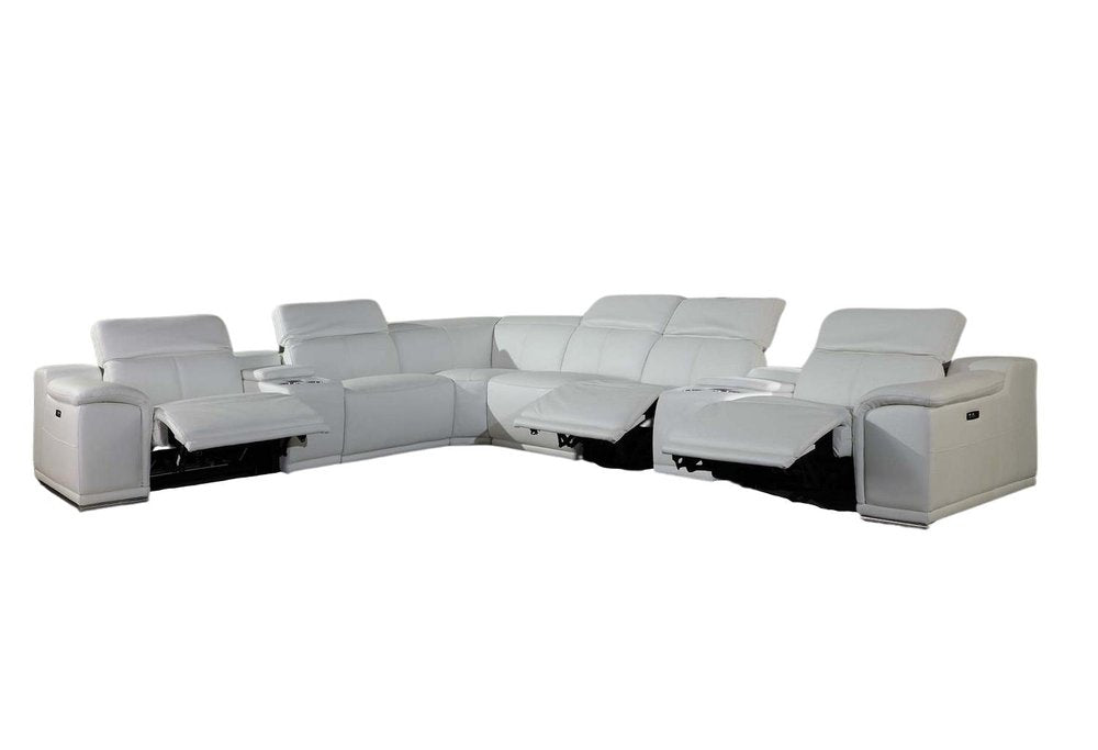White Italian Leather Power Reclining U Shaped Eight Piece Corner Sectional With Console - 162.2" H x 154" W x 200" D
