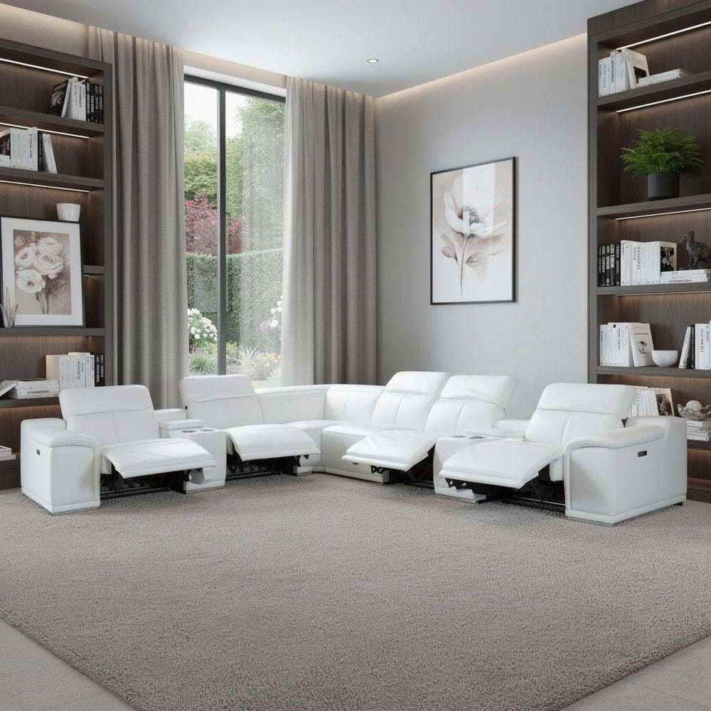 White Italian Leather Power Reclining U Shaped Eight Piece Corner Sectional With Console - 266.4" H x 267" W x 320" D