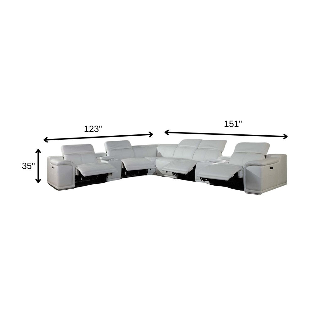 White Italian Leather Power Reclining U Shaped Eight Piece Corner Sectional With Console - 266.4" H x 267" W x 320" D on a white background