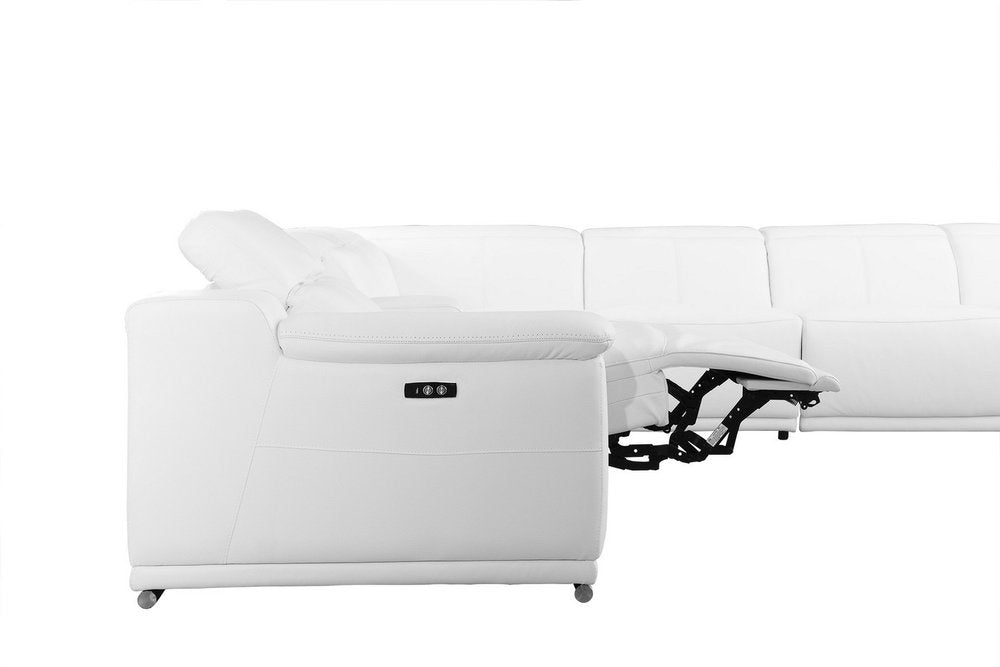 White Italian Leather Power Reclining U Shaped Eight Piece Corner Sectional With Console - 266.4" H x 267" W x 320" D