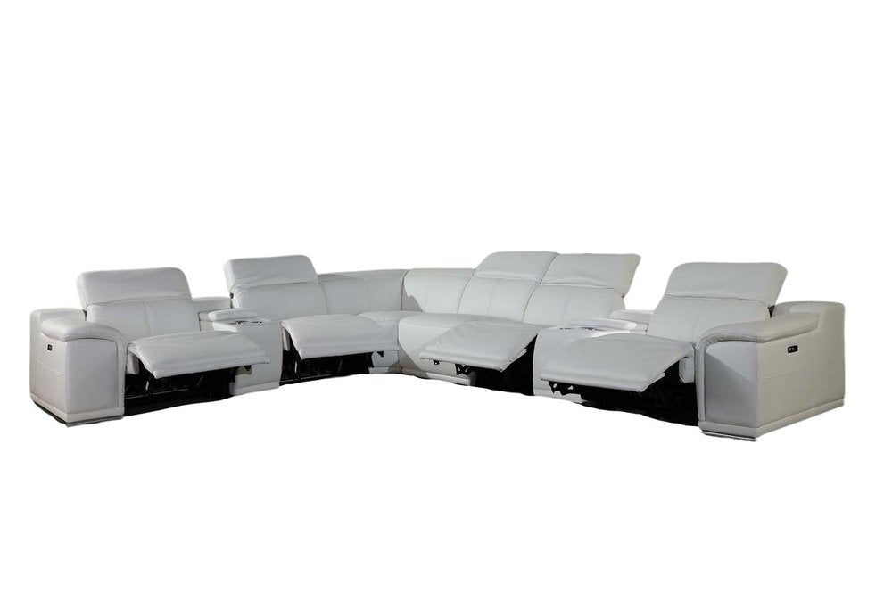 White Italian Leather Power Reclining U Shaped Eight Piece Corner Sectional With Console - 266.4" H x 267" W x 320" D