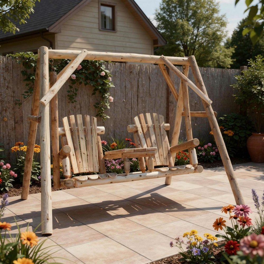 87" Natural Solid Wood Swing Chair
