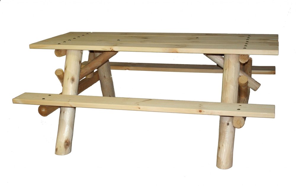 Natural solid wood picnic table with attached benches on a white background.