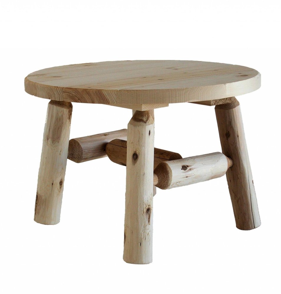 Natural rounded solid wood outdoor coffee table on a white background.