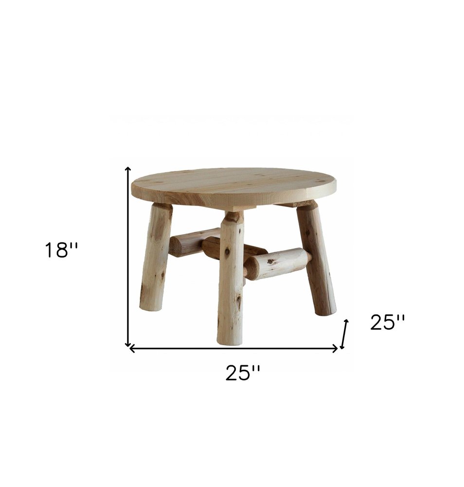 25" Natural Rounded Solid Wood Outdoor Coffee Table. Outdoor table isolated on a plain white background, showing a tan wood surface.