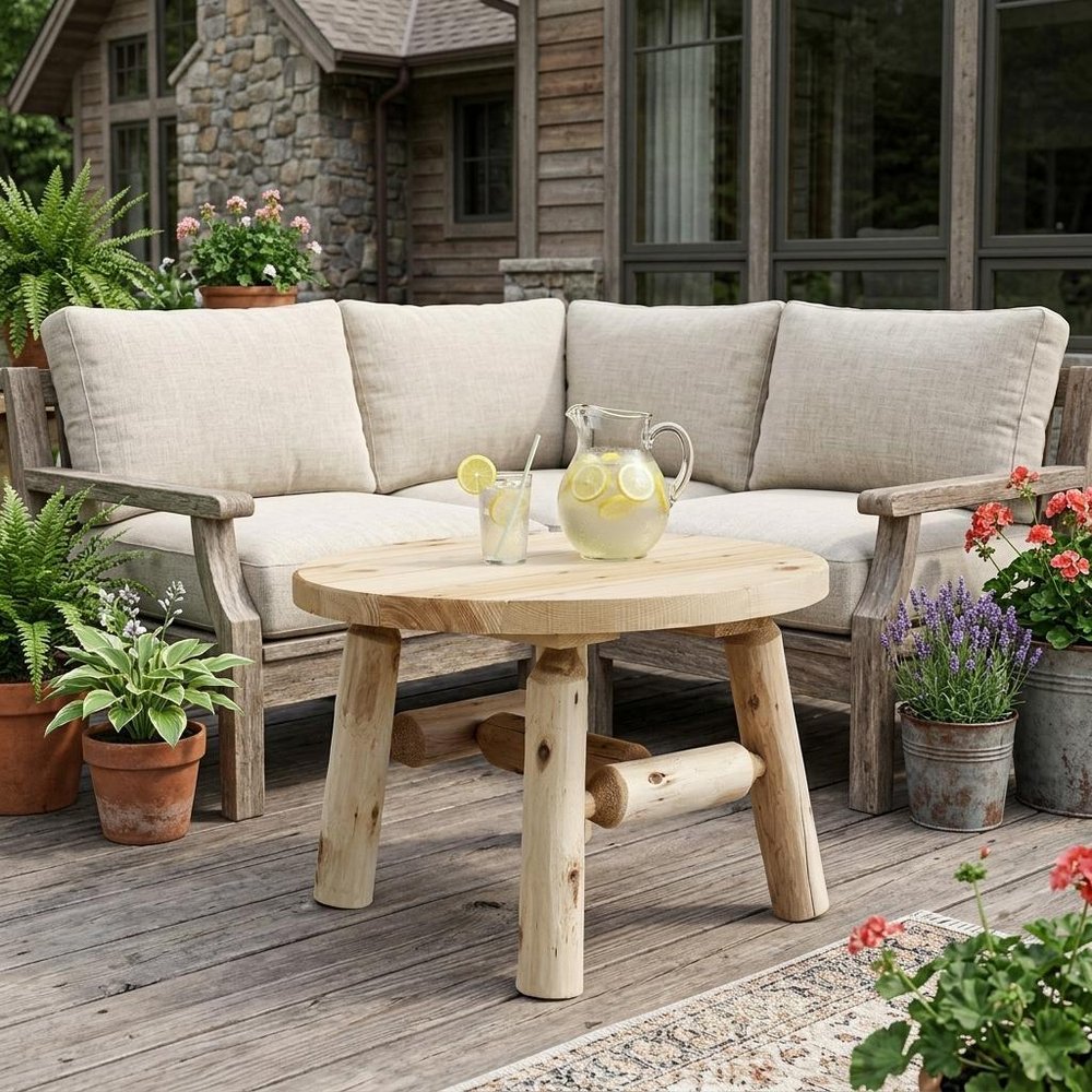 25" Natural Rounded Solid Wood Outdoor Coffee Table shown outdoors on a patio with greenery in tan wood.