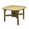 Natural wood outdoor dining table with a square top and log-style legs on a white background.