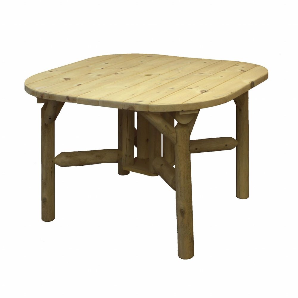 Natural wood outdoor dining table with a square top and log-style legs on a white background.