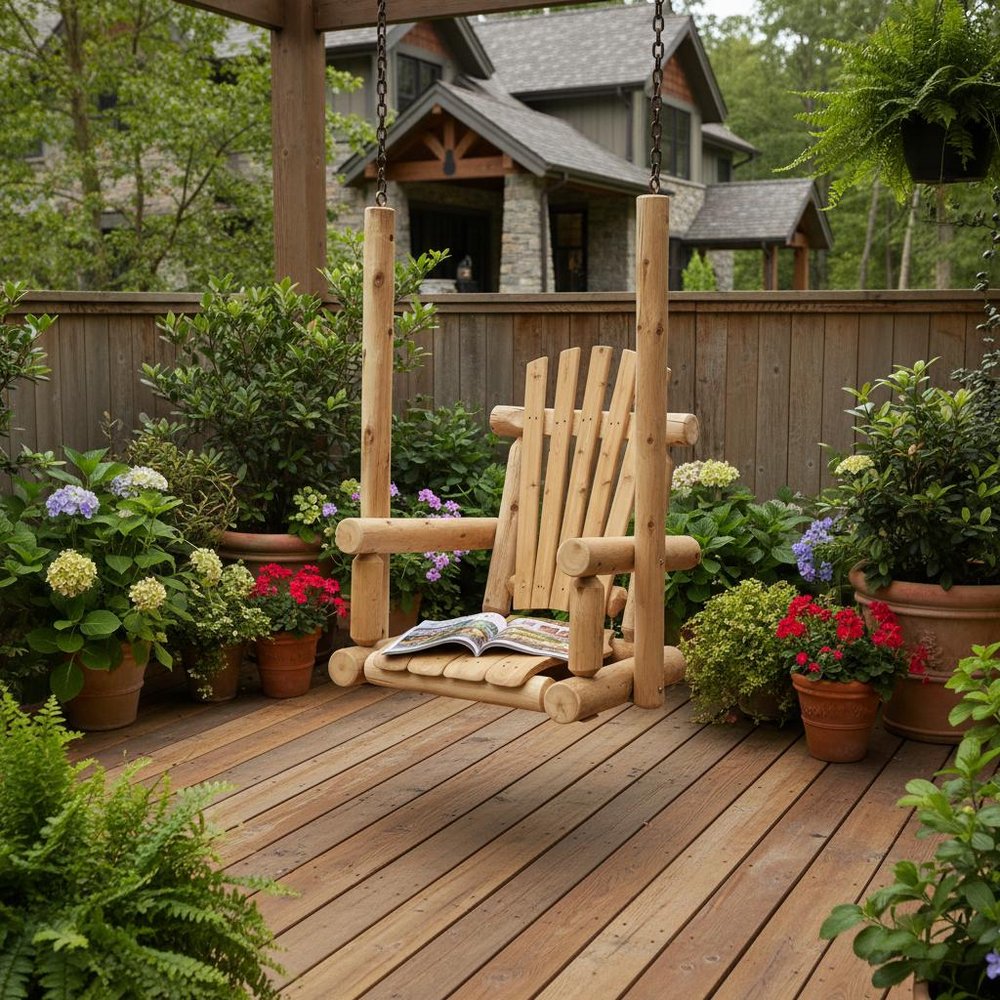31" Natural Unfinished Solid Wood Outdoor Swing Chair. Outdoor chair in tan wood.
