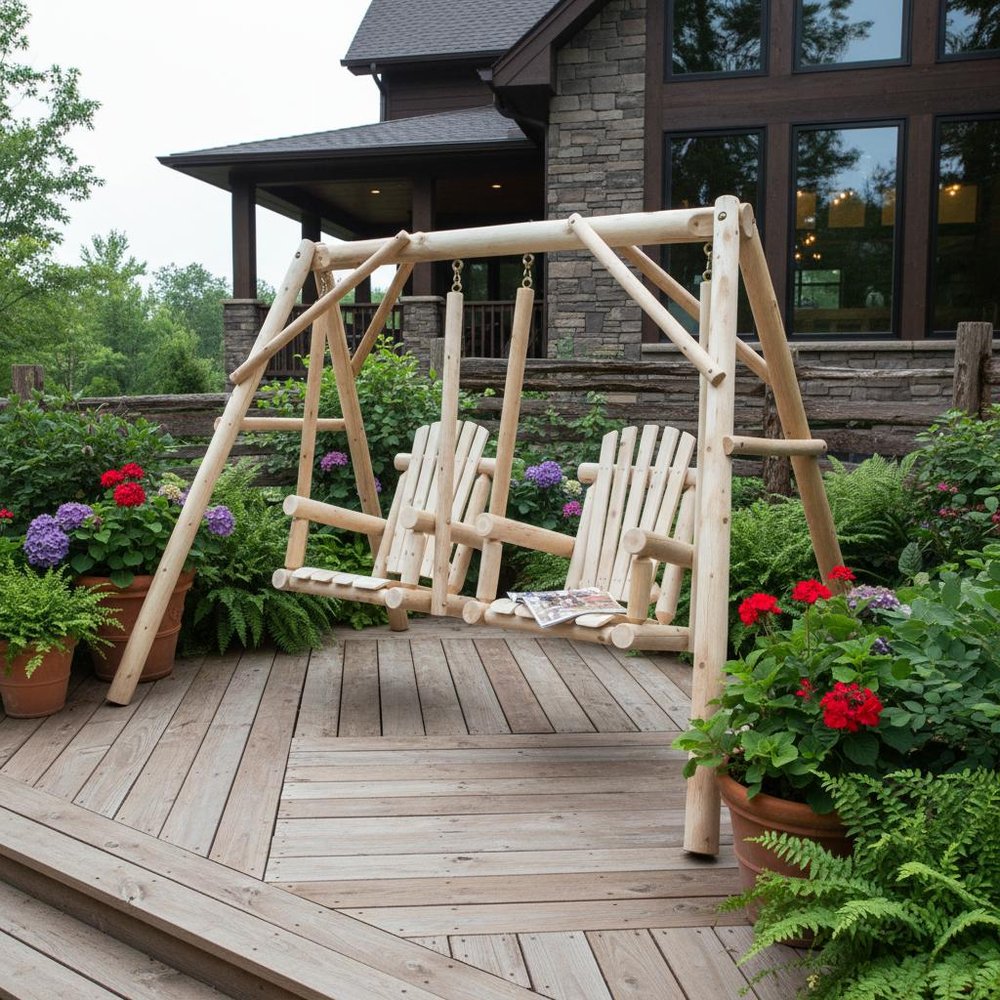 87" Natural Solid Wood Outdoor Double Swing Chair