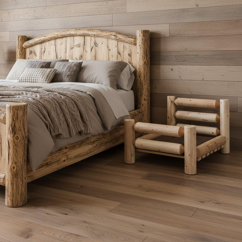 20" X 40" Natural Solid Wood Pet Bed Frame styled in a furnished interior with a tan wall on a dark wood floor in tan wood.