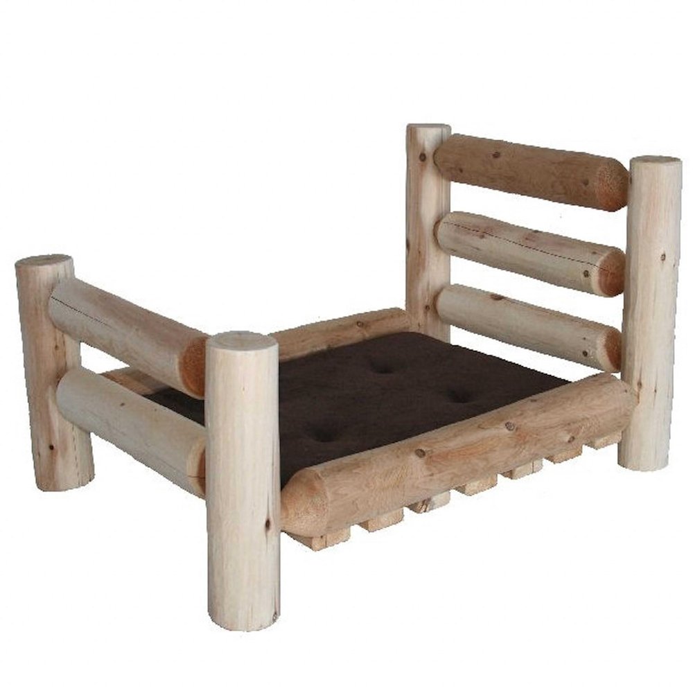 Log pet bed frame with a dark brown cushion on a white background.