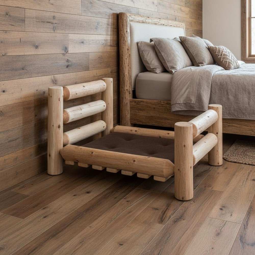 20" X 48" Natural Solid Wood Pet Bed Frame styled in a furnished interior with a tan wall on a dark wood floor in tan wood.