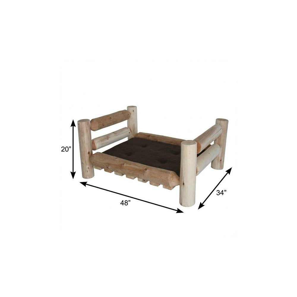 20" X 48" Natural Solid Wood Pet Bed Frame. Dog bed isolated on a plain white background, finished in tan wood.