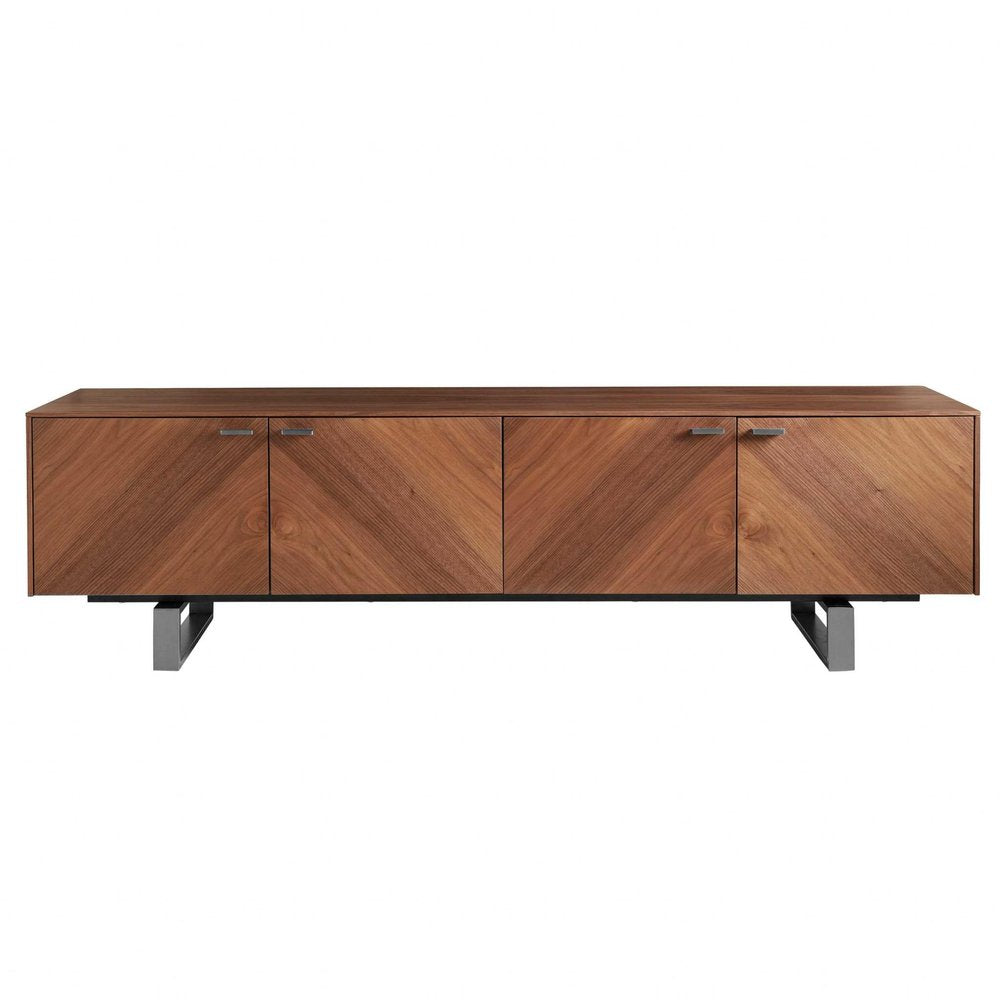 A brown wood TV stand with four doors and metal legs against a white background.