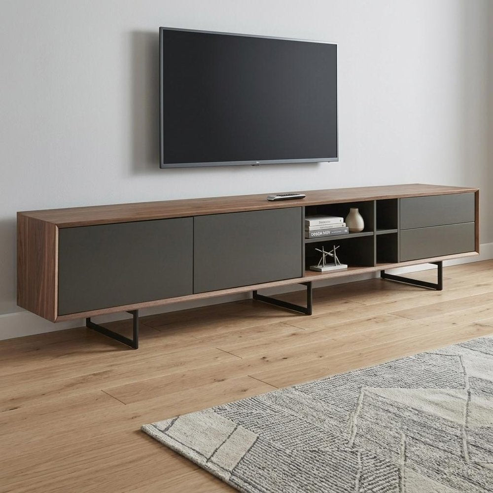 94" Gray Solid and Manufactured Wood Enclosed and Open Storage TV Stand