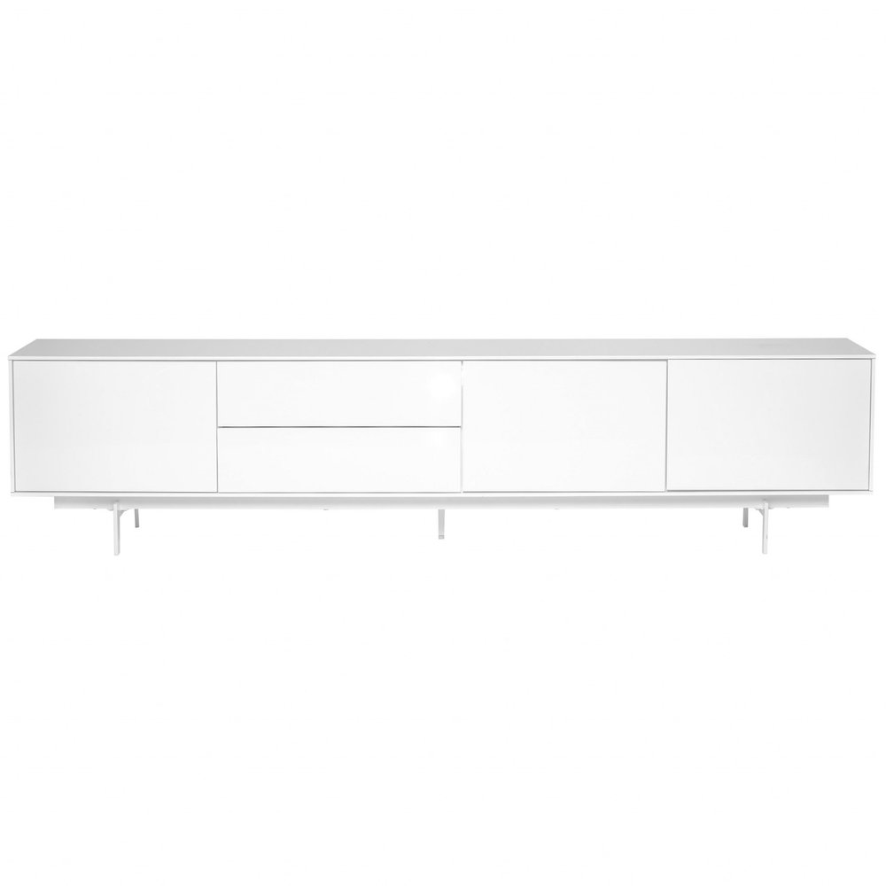 White manufactured wood cabinet with enclosed storage and two drawers on a white background.