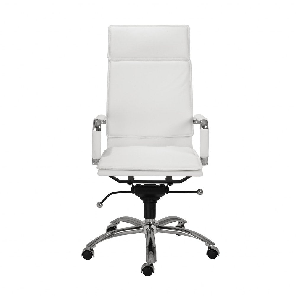 White faux leather executive office chair with silver accents and a five-wheel base on a white background.