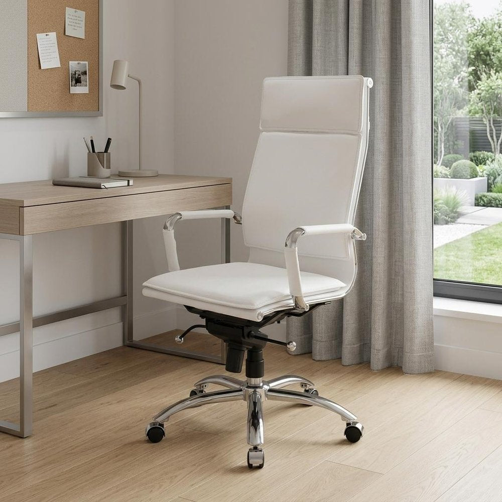 White and Silver Adjustable Swivel Faux Leather Rolling Executive Office Chair - 45.87" H x 26.38" W x 27.56" D