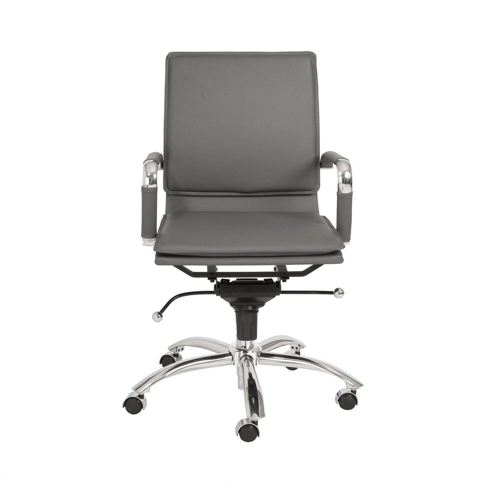Gray faux leather office chair with chrome accents and a five-wheel base on a white background.