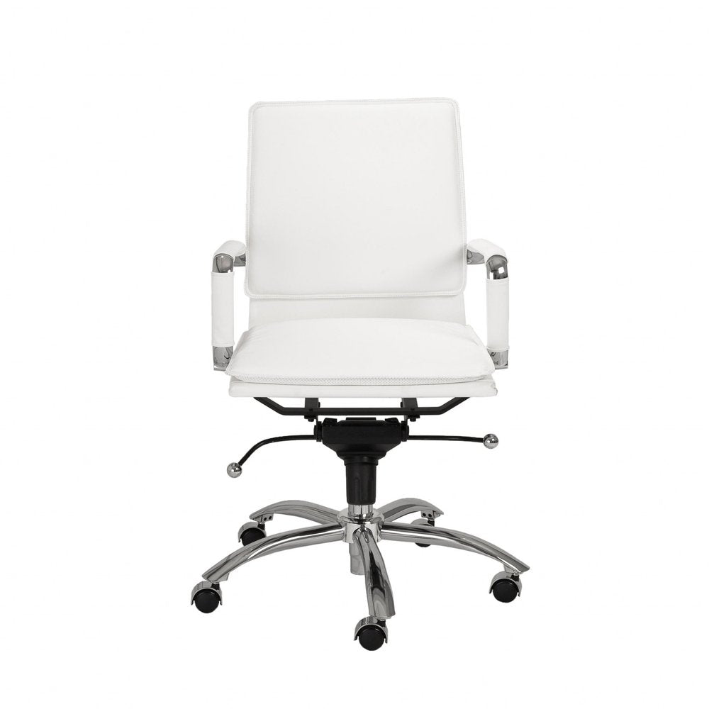 White faux leather and silver adjustable swivel rolling conference office chair on a white background.