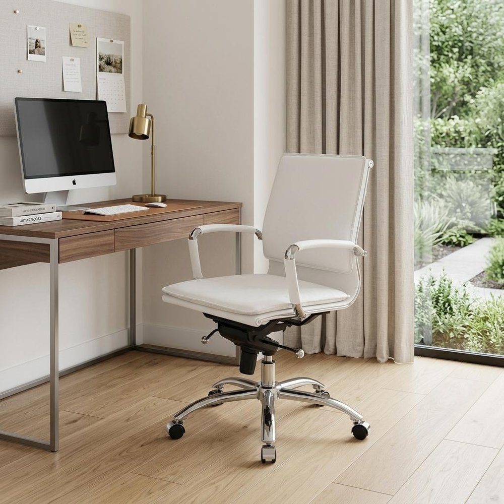 White and Silver Adjustable Swivel Faux Leather Rolling Conference Office Chair - 38.39" H x 25.99" W x 26.78" D
