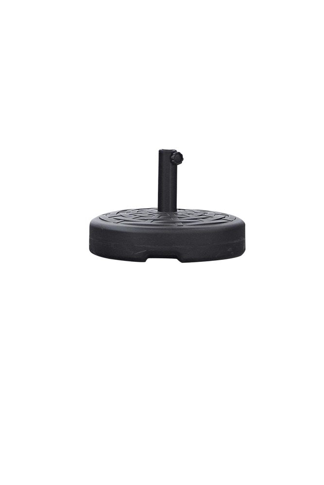 Black plastic umbrella base with a circular textured top and a vertical pole with a knob.