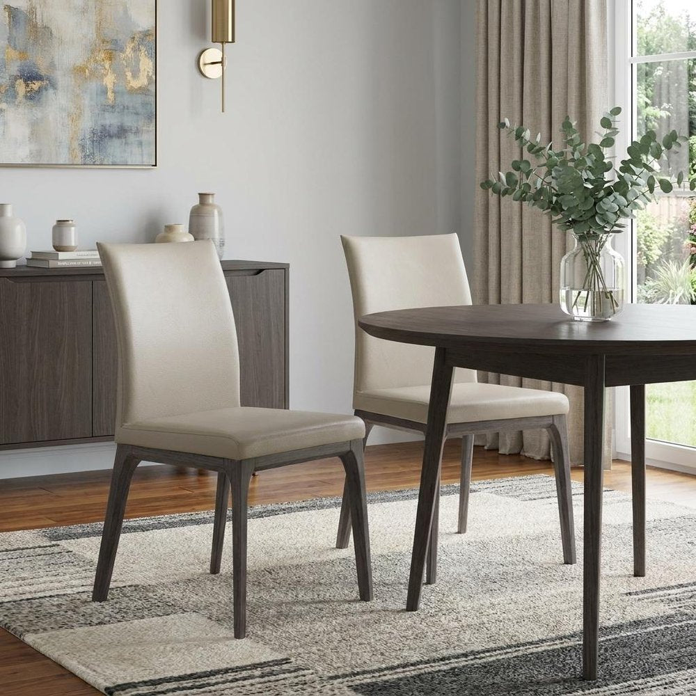 Set of Two Taupe and Gray Upholstered Faux Leather Dining Side Chairs