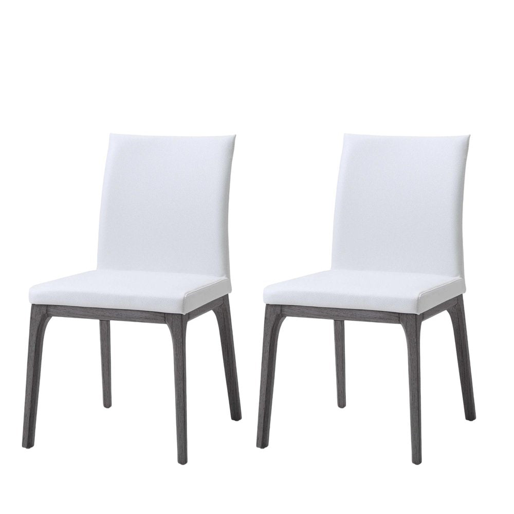 Set of Two White and Gray Upholstered Faux Leather Dining Side Chairs on a white background