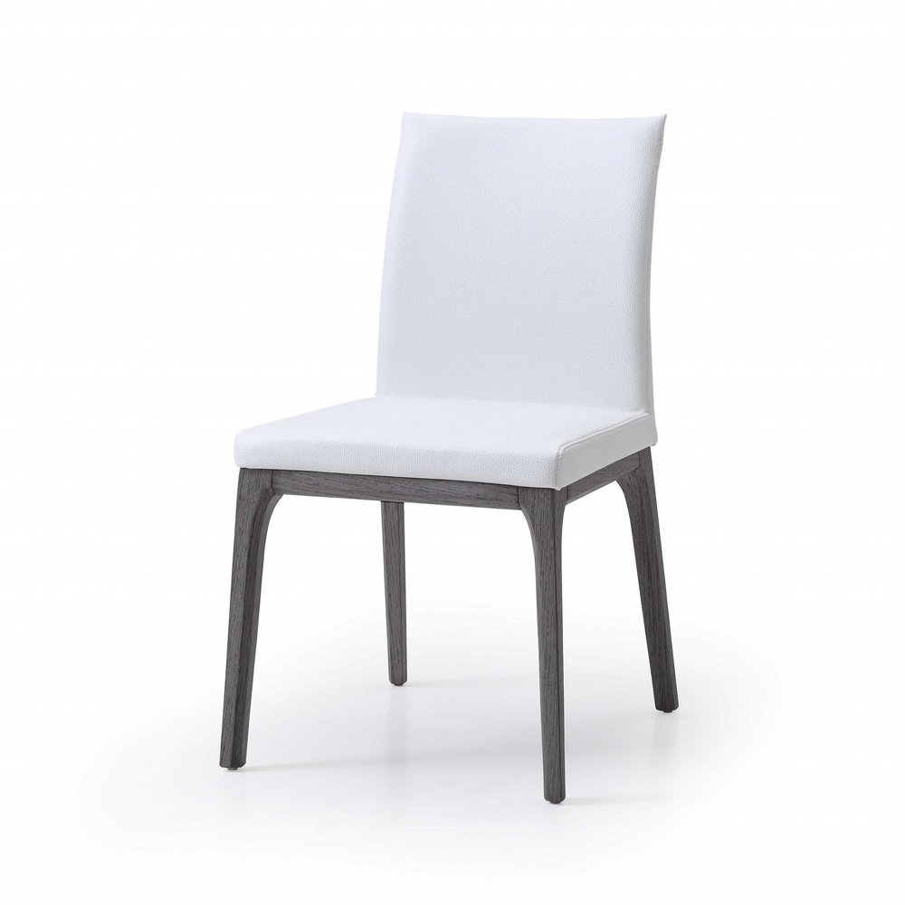White upholstered dining chair with gray wooden legs on a white background.