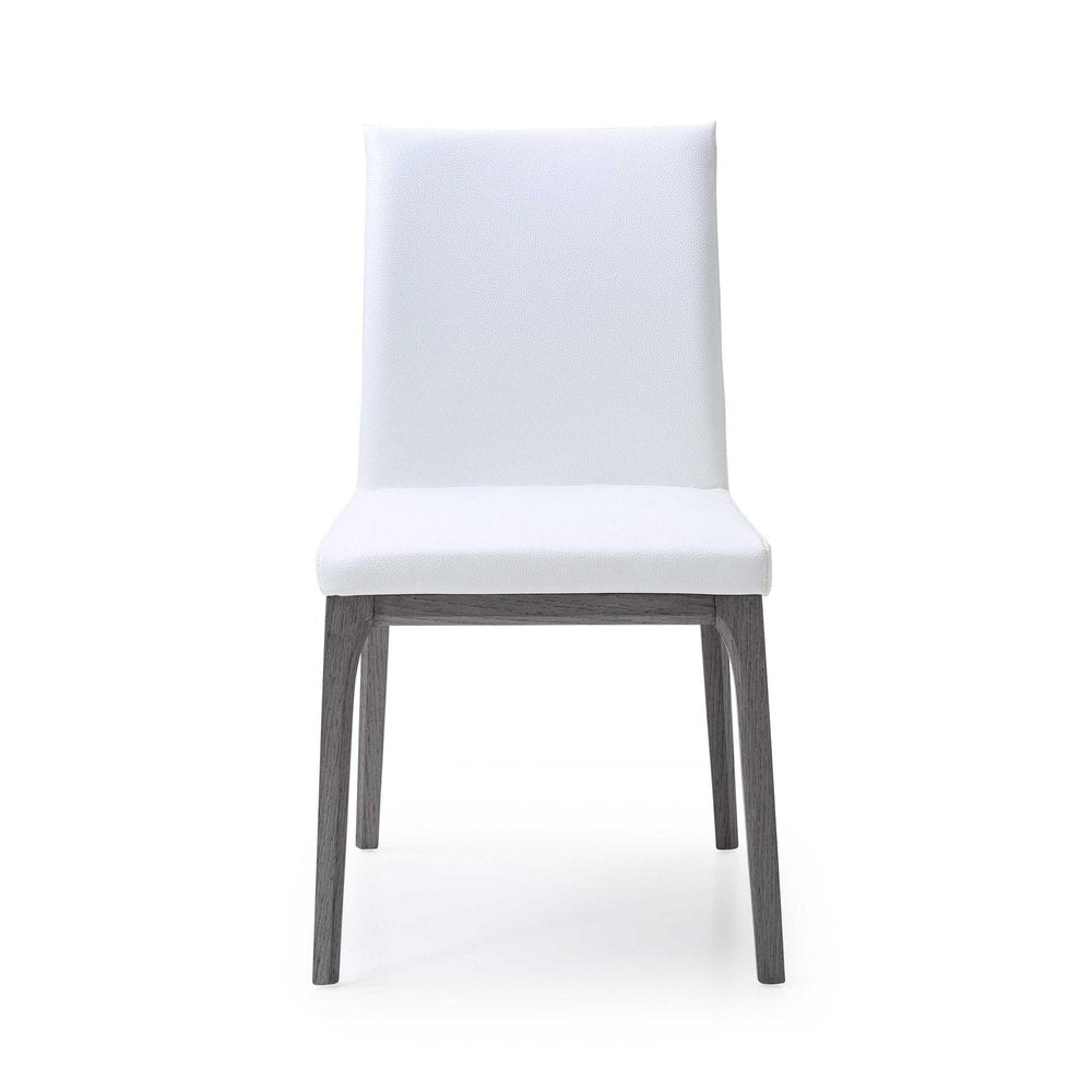 Set of Two White and Gray Upholstered Faux Leather Dining Side Chairs on a white background