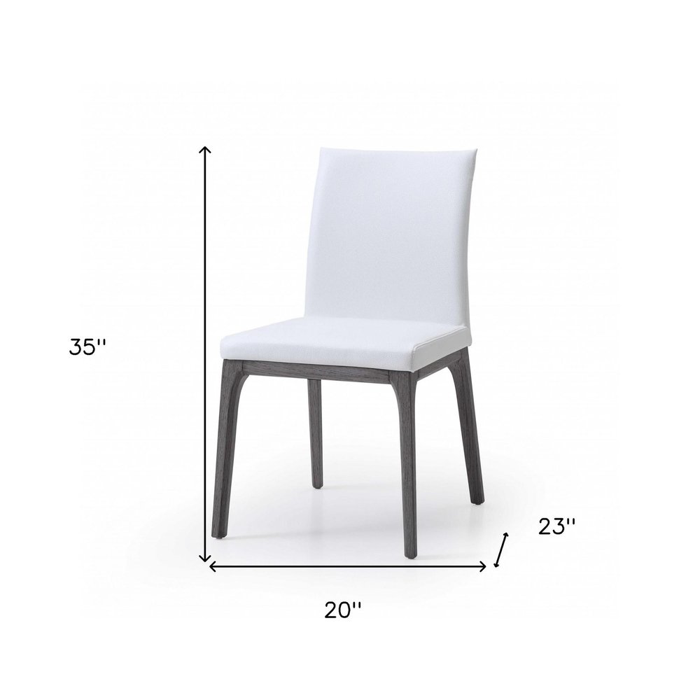 Set of Two White and Gray Upholstered Faux Leather Dining Side Chairs on a white background