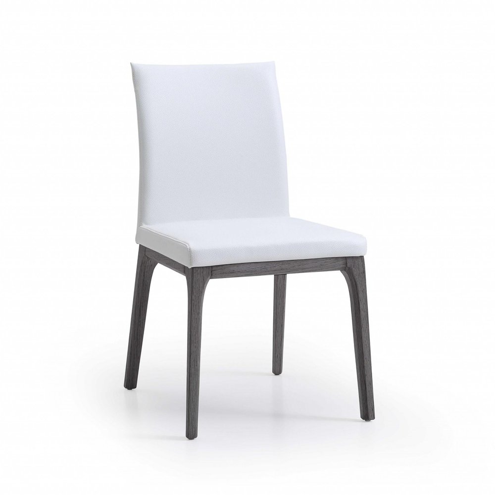 Set of Two White and Gray Upholstered Faux Leather Dining Side Chairs on a white background