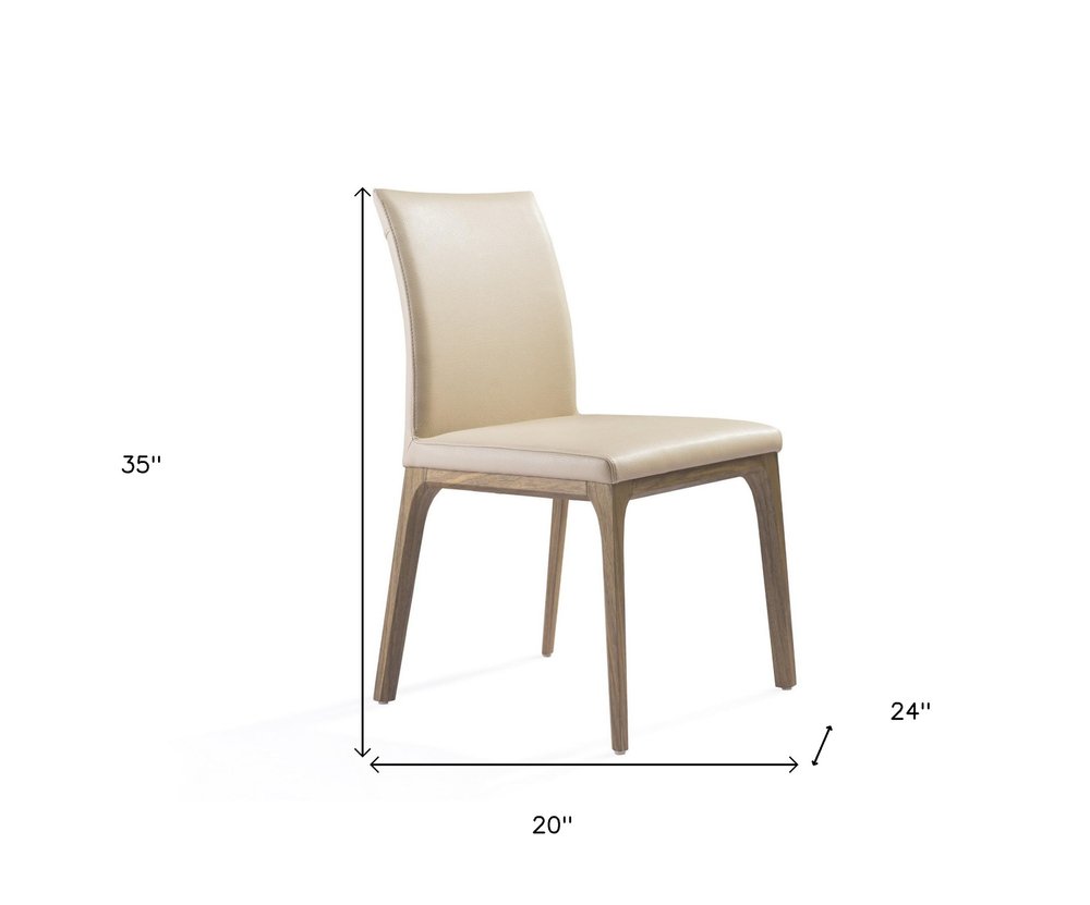 Set of Two Taupe and Brown Upholstered Faux Leather Dining Side Chairs on a white background