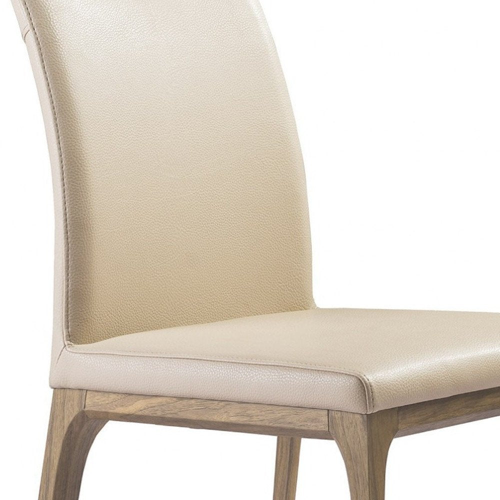 Set of Two Taupe and Brown Upholstered Faux Leather Dining Side Chairs on a white background
