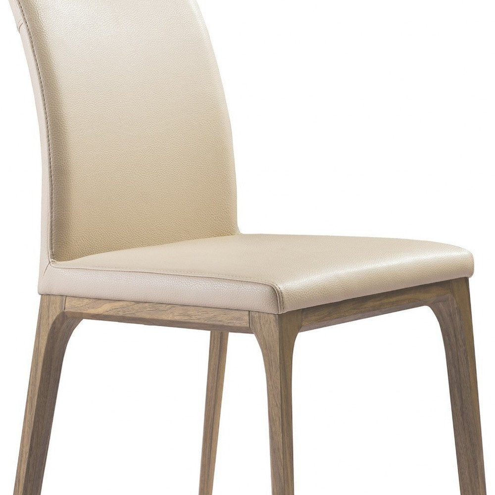 Set of Two Taupe and Brown Upholstered Faux Leather Dining Side Chairs on a white background