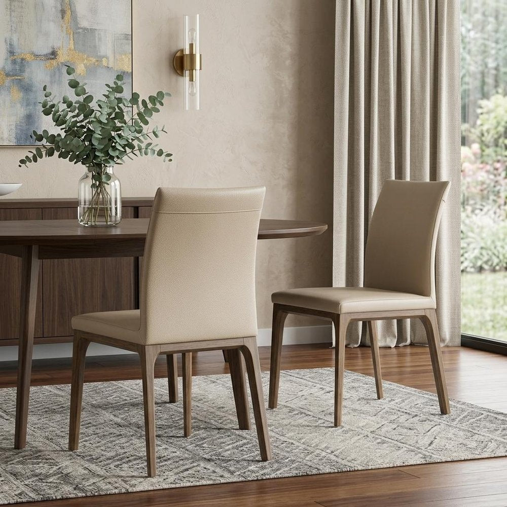 Set of Two Taupe and Brown Upholstered Faux Leather Dining Side Chairs