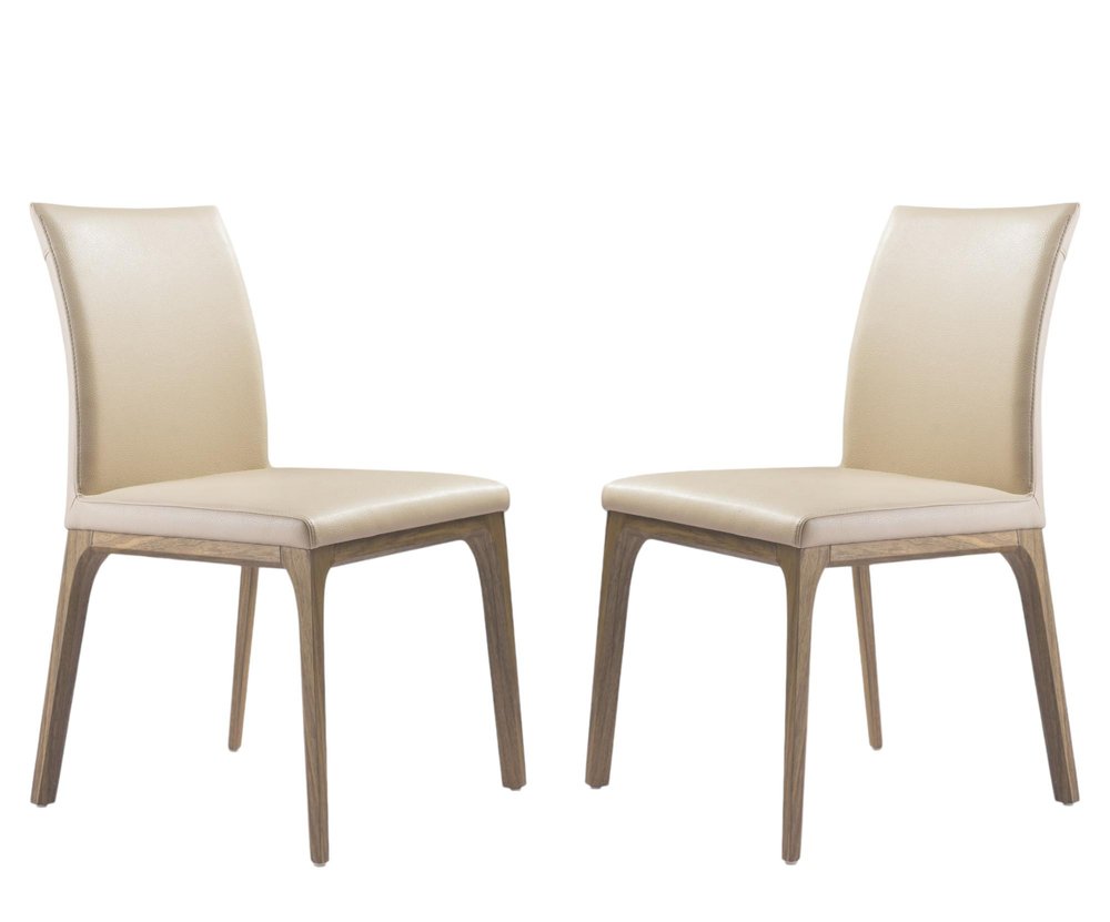 Set of Two Taupe and Brown Upholstered Faux Leather Dining Side Chairs on a white background