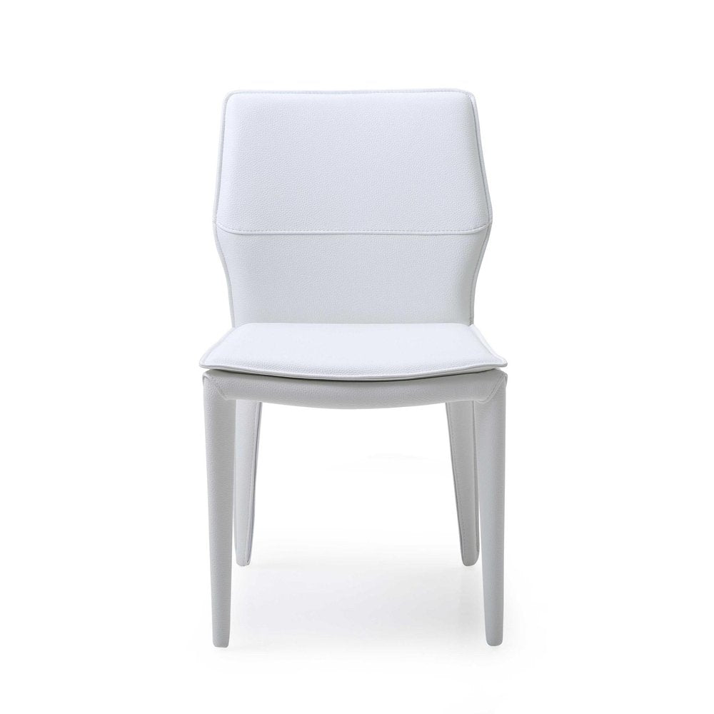 Set of Two White Slipcovered Upholstered Faux Leather Dining Side Chairs on a white background
