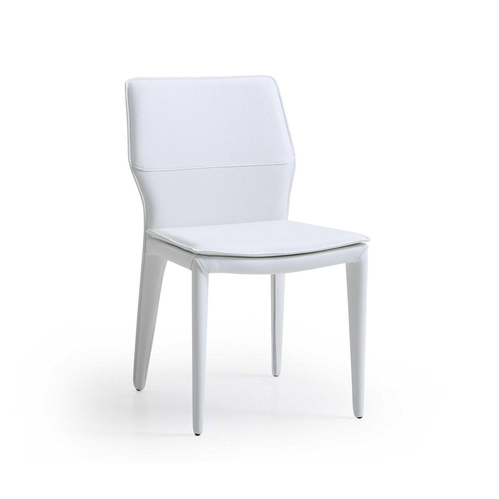Set of Two White Slipcovered Upholstered Faux Leather Dining Side Chairs on a white background