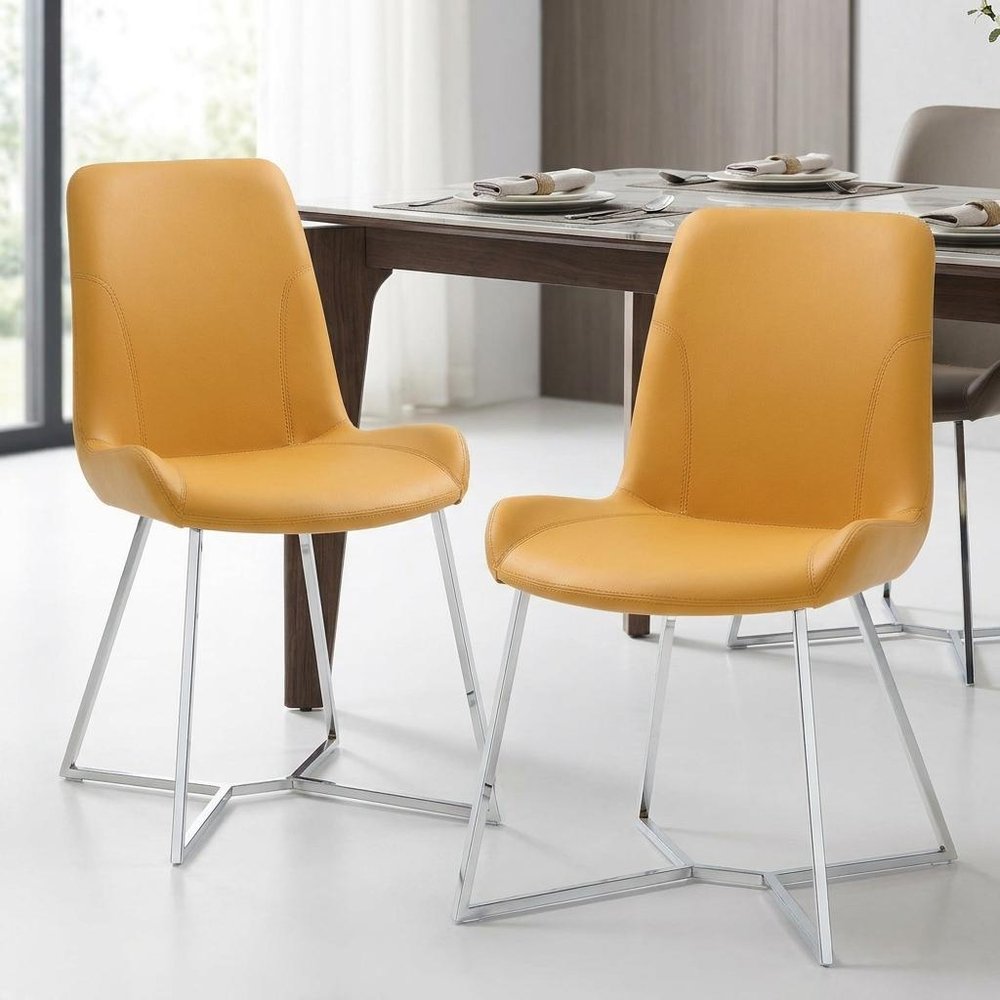 Set of Two Orange and Silver Upholstered Dining Side Chairs