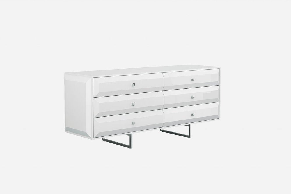 White mirrored double dresser with six drawers and silver legs on a white background.