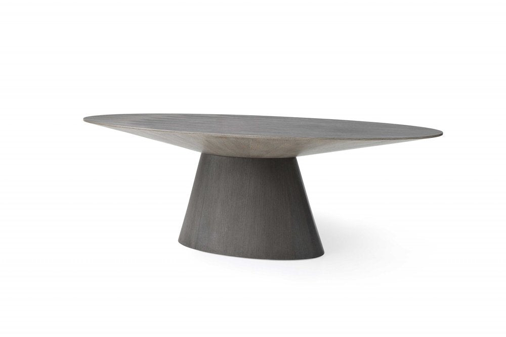 95" Gray Rounded Solid Wood Pedestal Base Dining Table on a white background