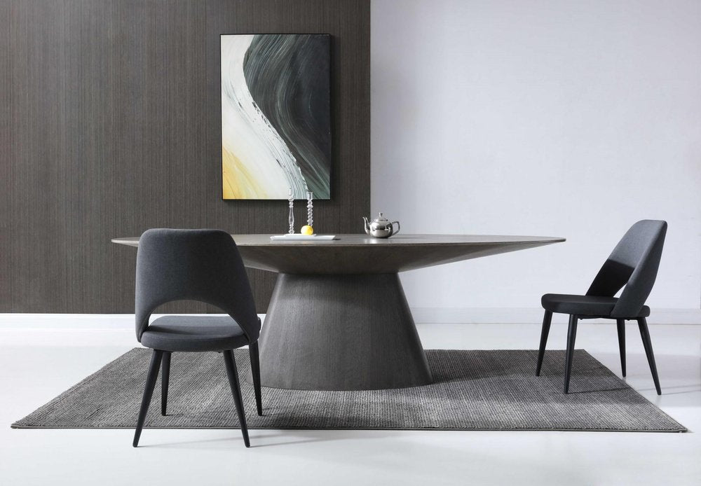 95" Gray Rounded Solid Wood Pedestal Base Dining Table in a home interior
