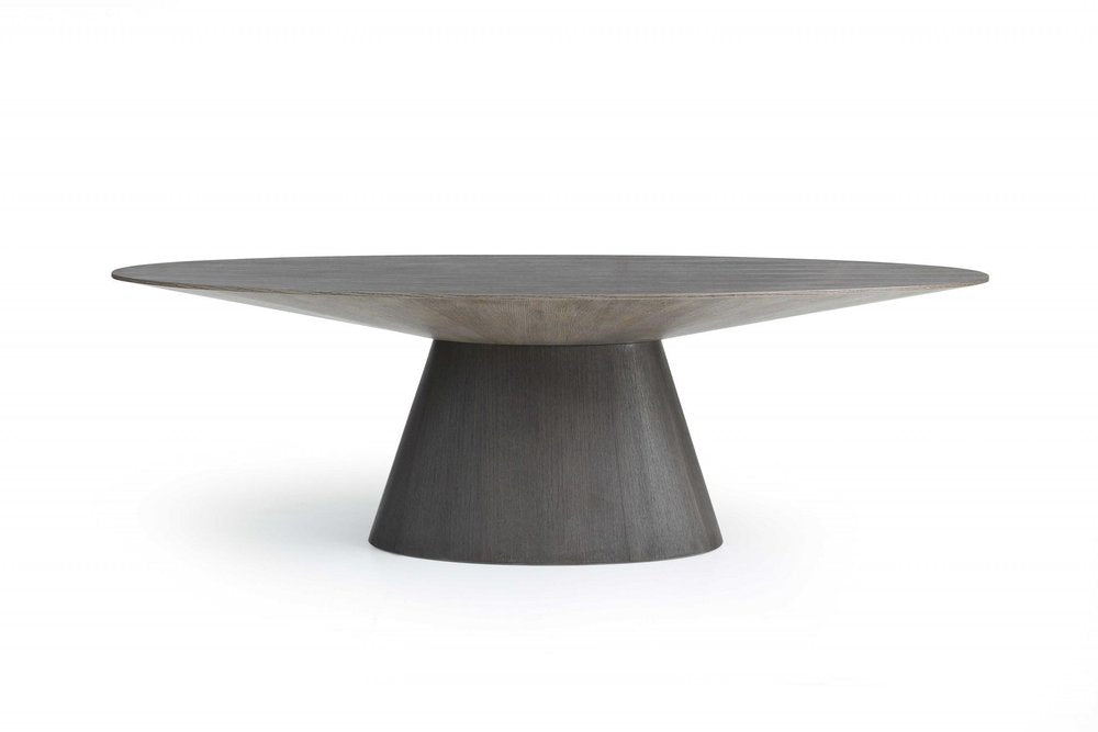 95" Gray Rounded Solid Wood Pedestal Base Dining Table on a white background