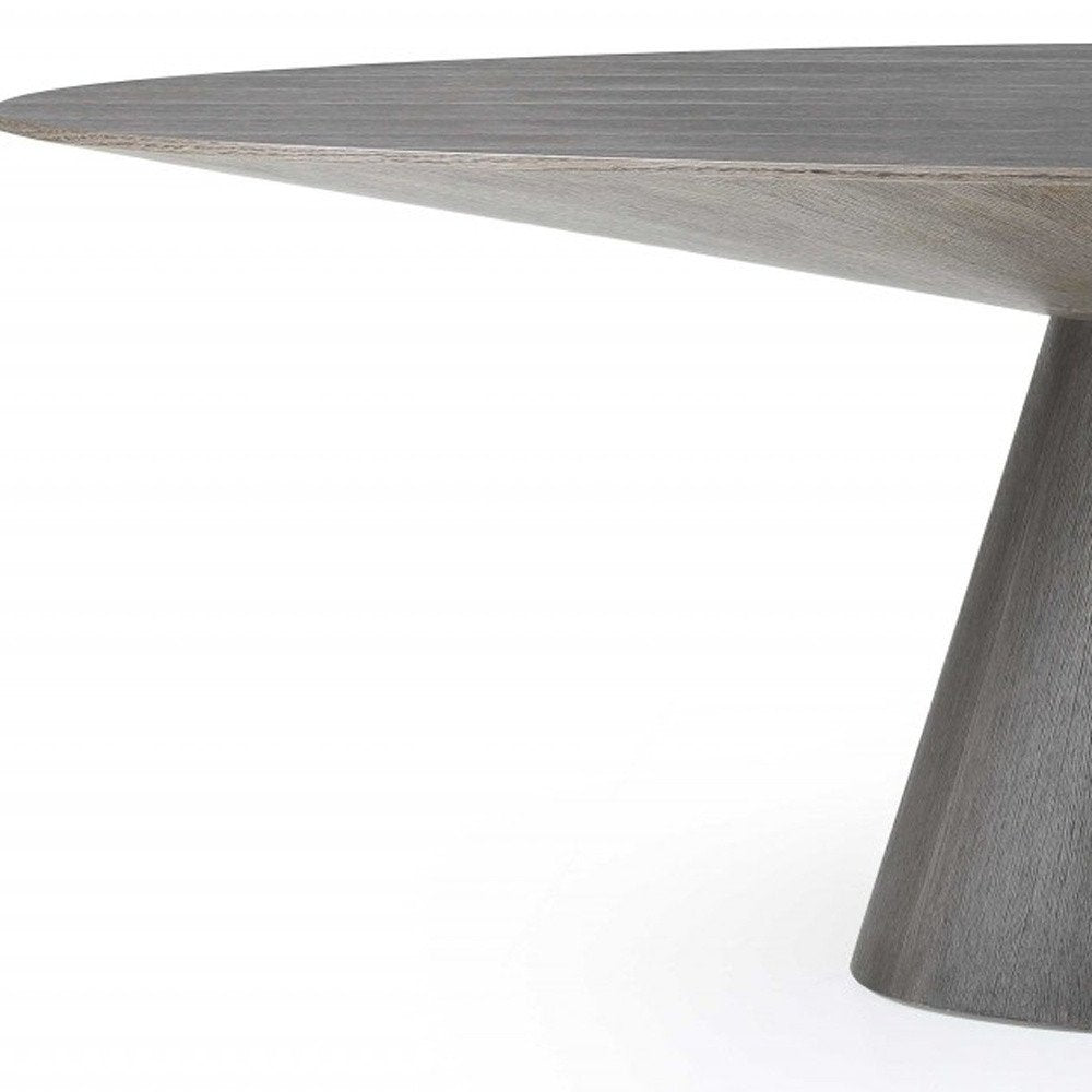 95" Gray Rounded Solid Wood Pedestal Base Dining Table on a white background